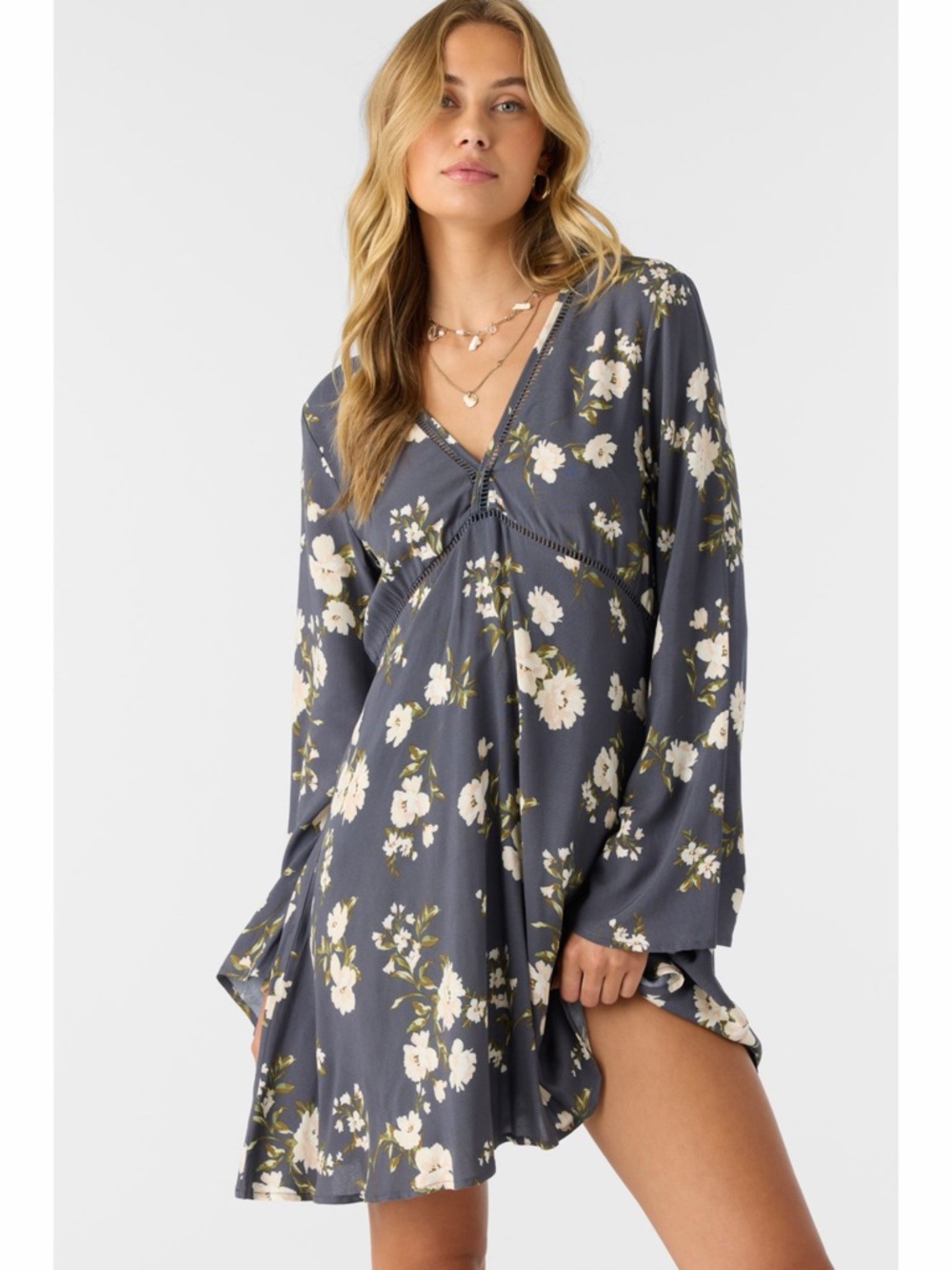 NWT‎ O’Neill Stevie Floral Periscope Gray Long Sleeve Mini Dress